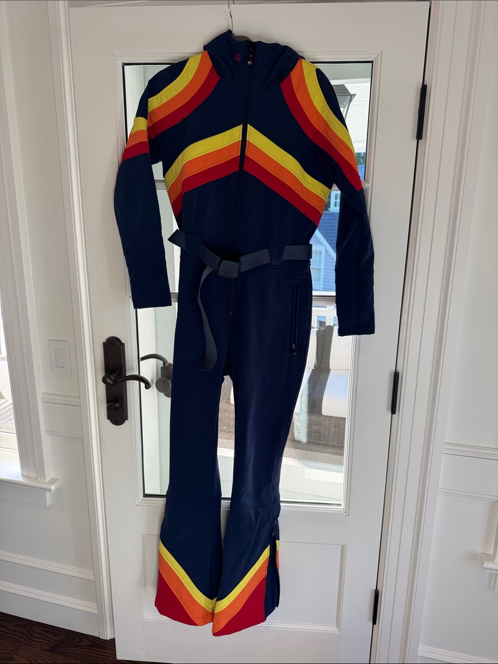 Perfect Moment Navy One-Piece Ski Suit with Rainbow Chevron